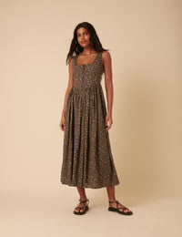 Brown Ditsy Floral Drop Waist Cora Midi Dress