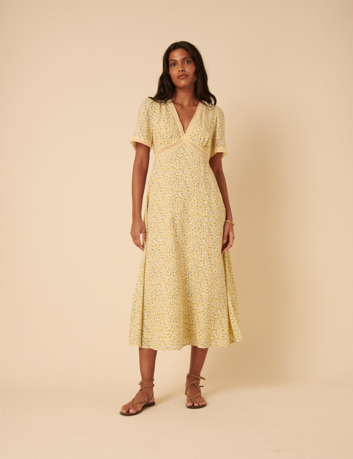 butter yellow floral dress Ditsy Jemima Midi it features a softly smocked bodice with a flattering sweetheart neckline and charming tie straps The Lucetta Dress in Butter