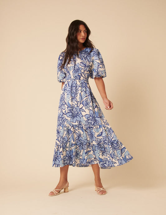 Blue Floral Puff Sleeve Zelda Midi Dress Blue Floral Puff Sleeve Zelda Midi Dress