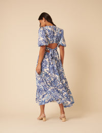 Blue Floral Puff Sleeve Zelda Midi Dress