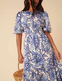 Blue Floral Puff Sleeve Zelda Midi Dress
