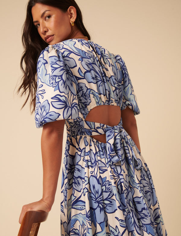 Blue Floral Puff Sleeve Zelda Midi Dress