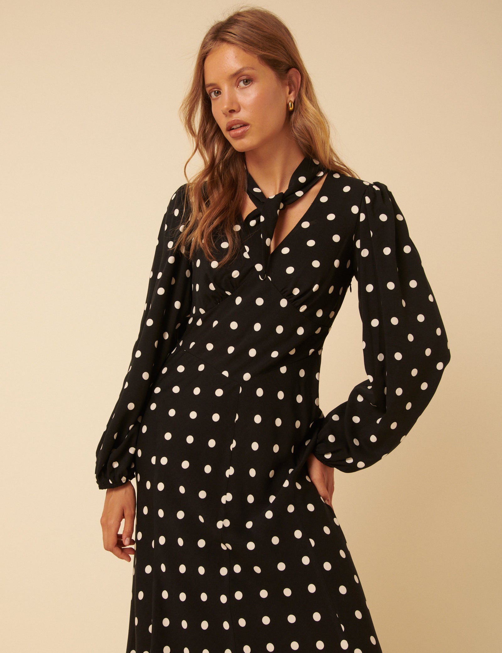 Black Polka Dot Neck Tie Sadie Midi Dress Black Polka Dot Neck Tie Sadie Midi Dress