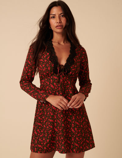 Black And Red Floral Lace Aida Mini Dress