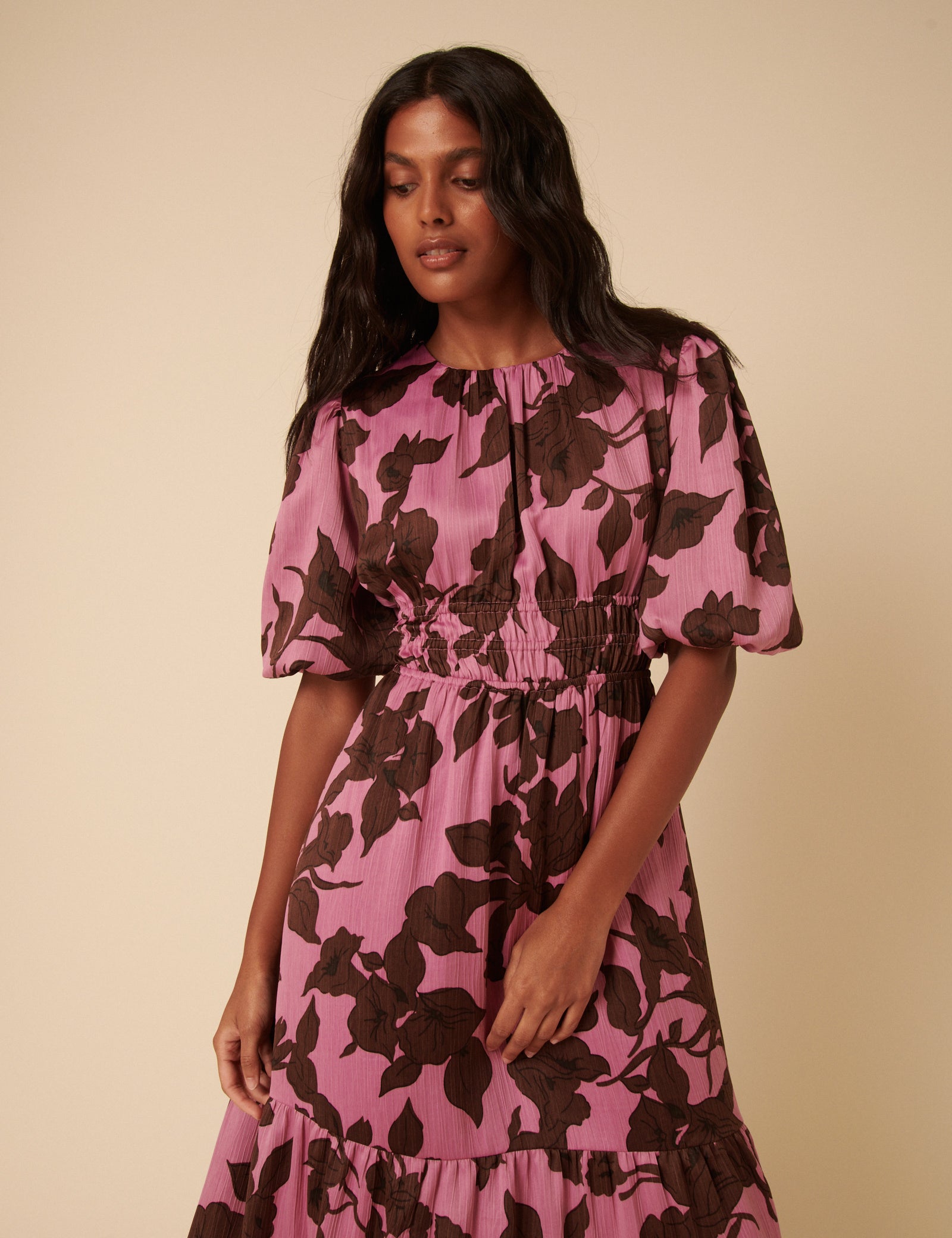 Pink Floral Puff Sleeve Zelda Midi Dress Pink Floral Puff Sleeve Zelda Midi Dress