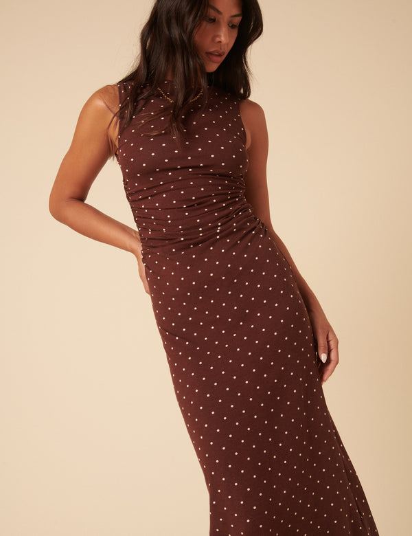 Brown Polka Dot Jersey Draped Laurella Midi Dress