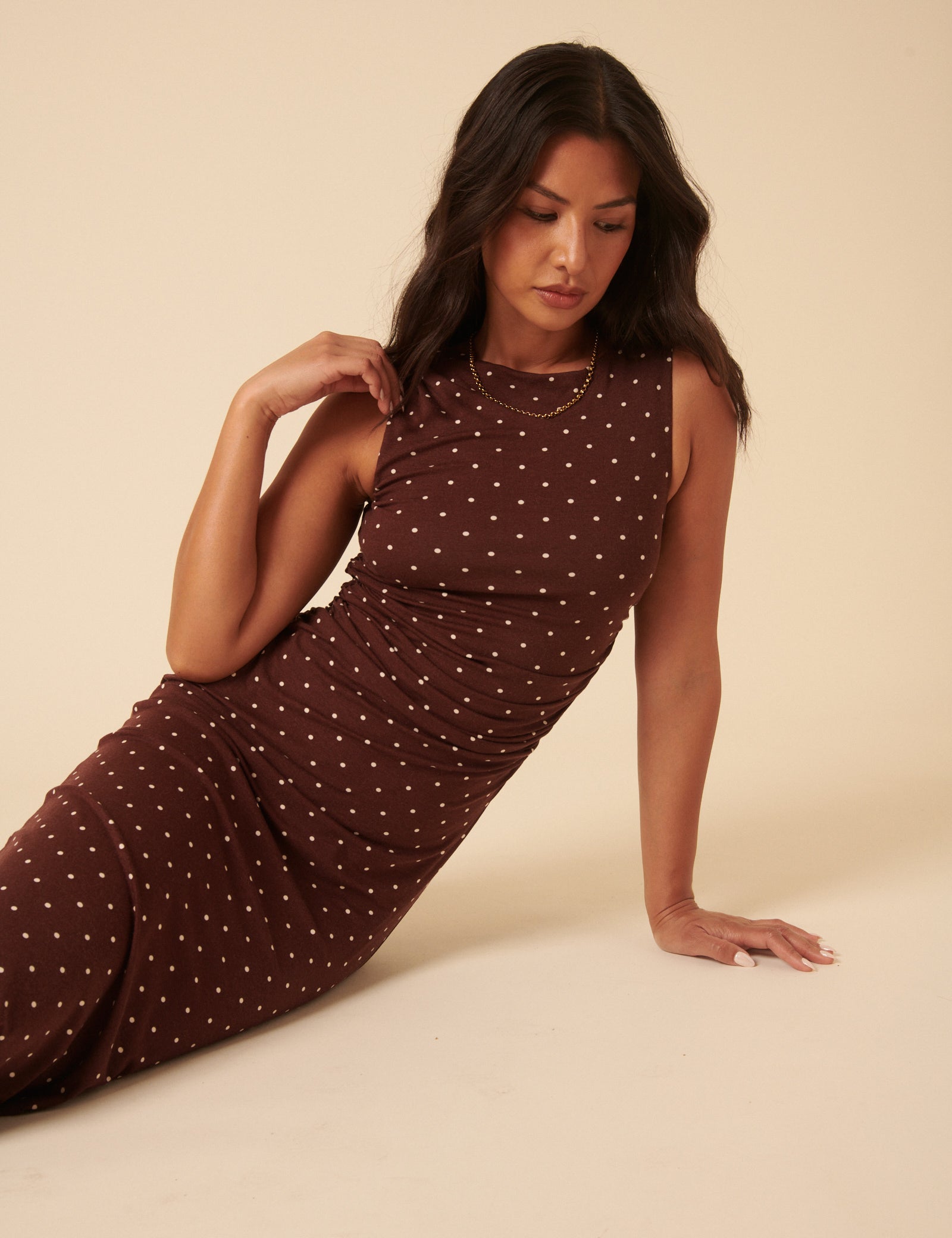 Brown Polka Dot Jersey Draped Laurella Midi Dress Brown Polka Dot Jersey Draped Laurella Midi Dress