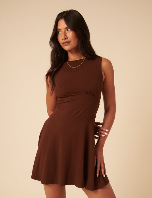 Brown Jersey Boat Neck Tate Mini Dress Brown Jersey Boat Neck Tate Mini Dress