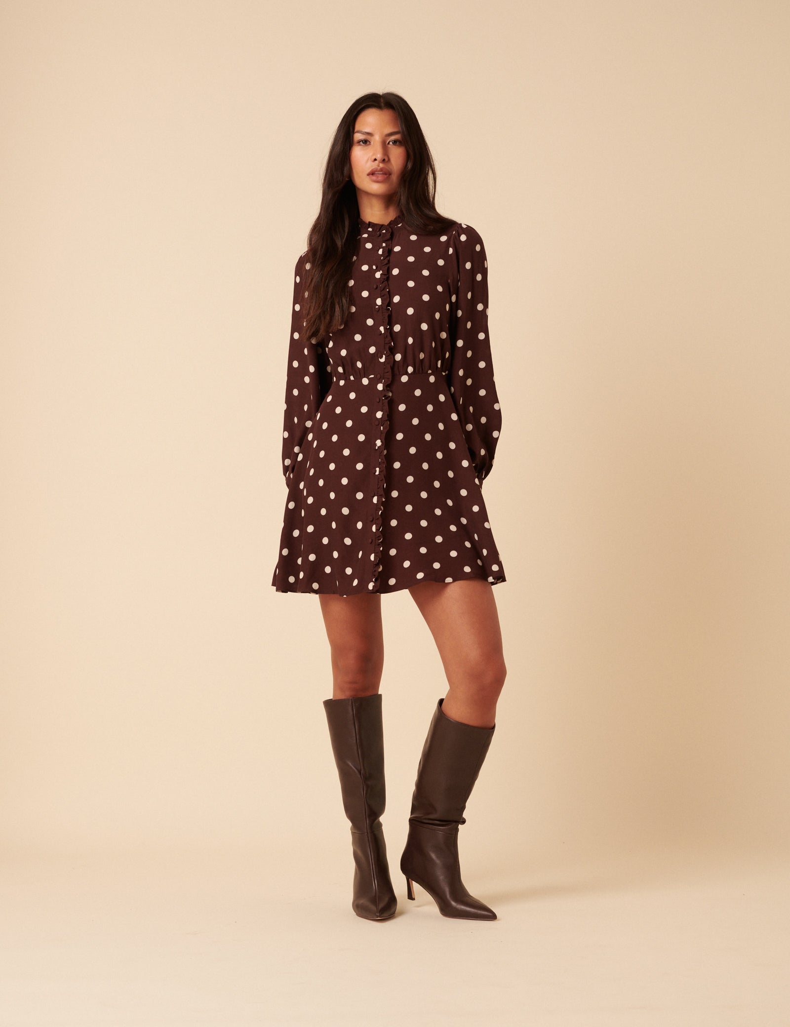 Brown Polka Dot Ruffle Gabi Mini Dress Brown Polka Dot Ruffle Gabi Mini Dress
