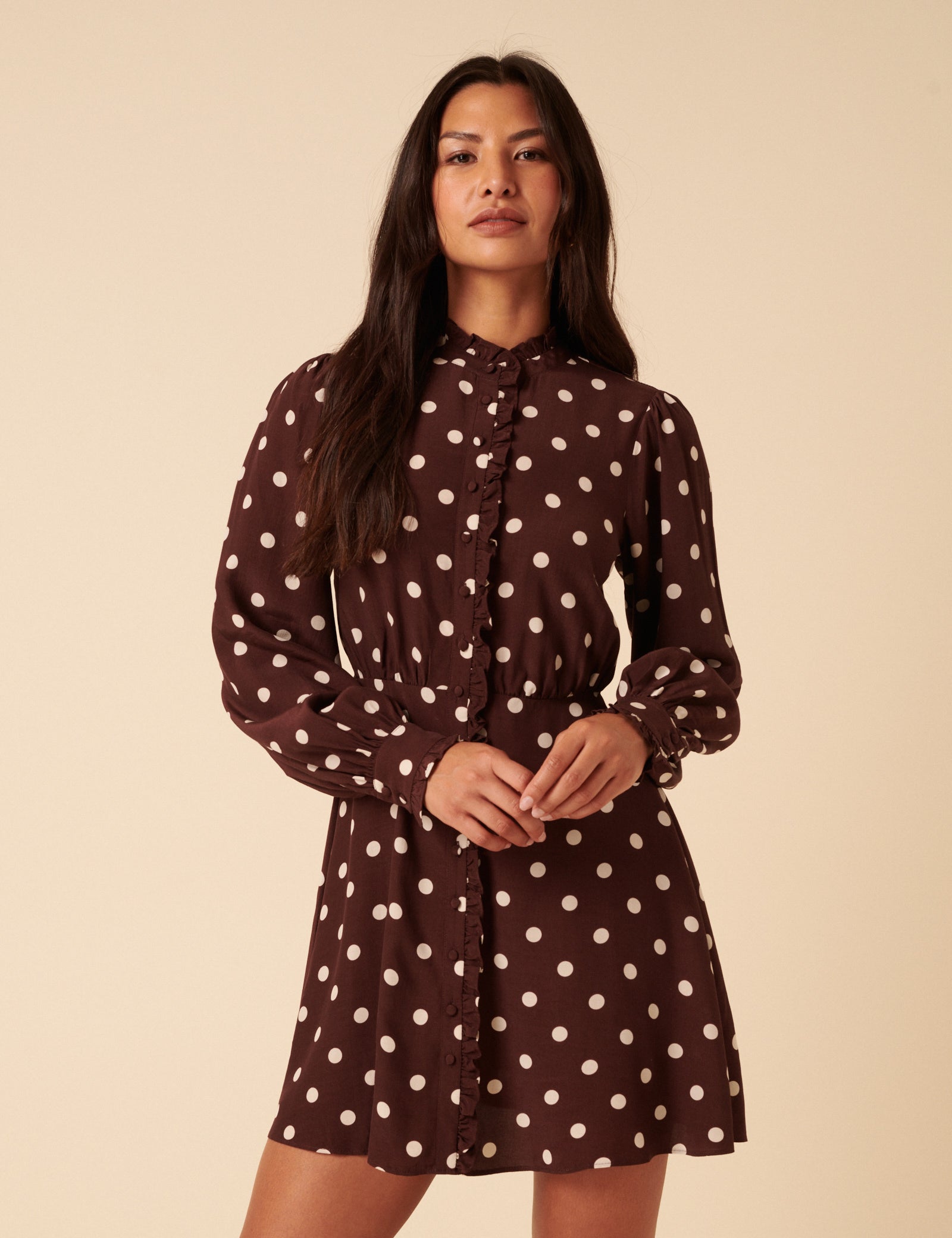 Brown Polka Dot Ruffle Gabi Mini Dress Brown Polka Dot Ruffle Gabi Mini Dress