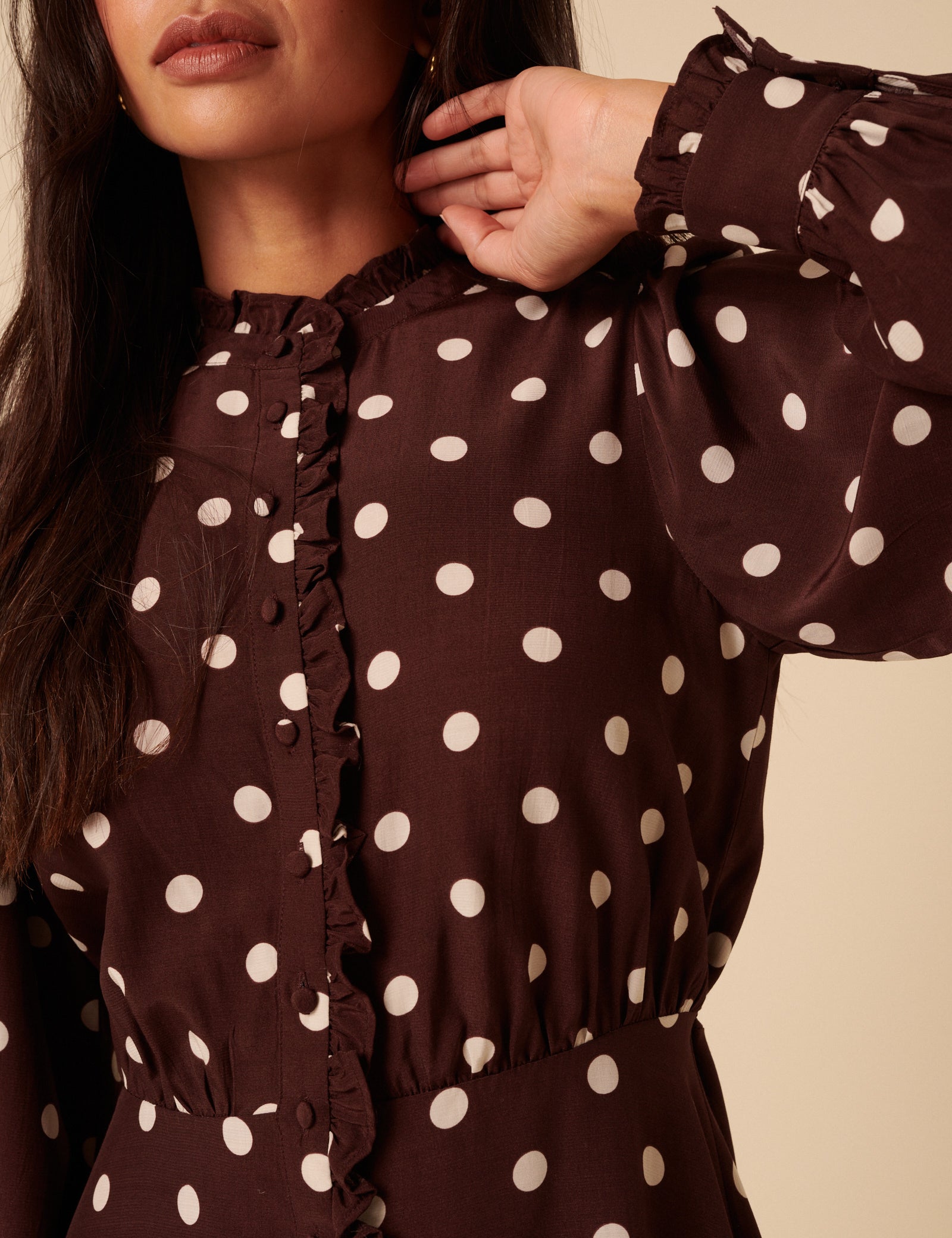 Brown Polka Dot Ruffle Gabi Mini Dress Brown Polka Dot Ruffle Gabi Mini Dress