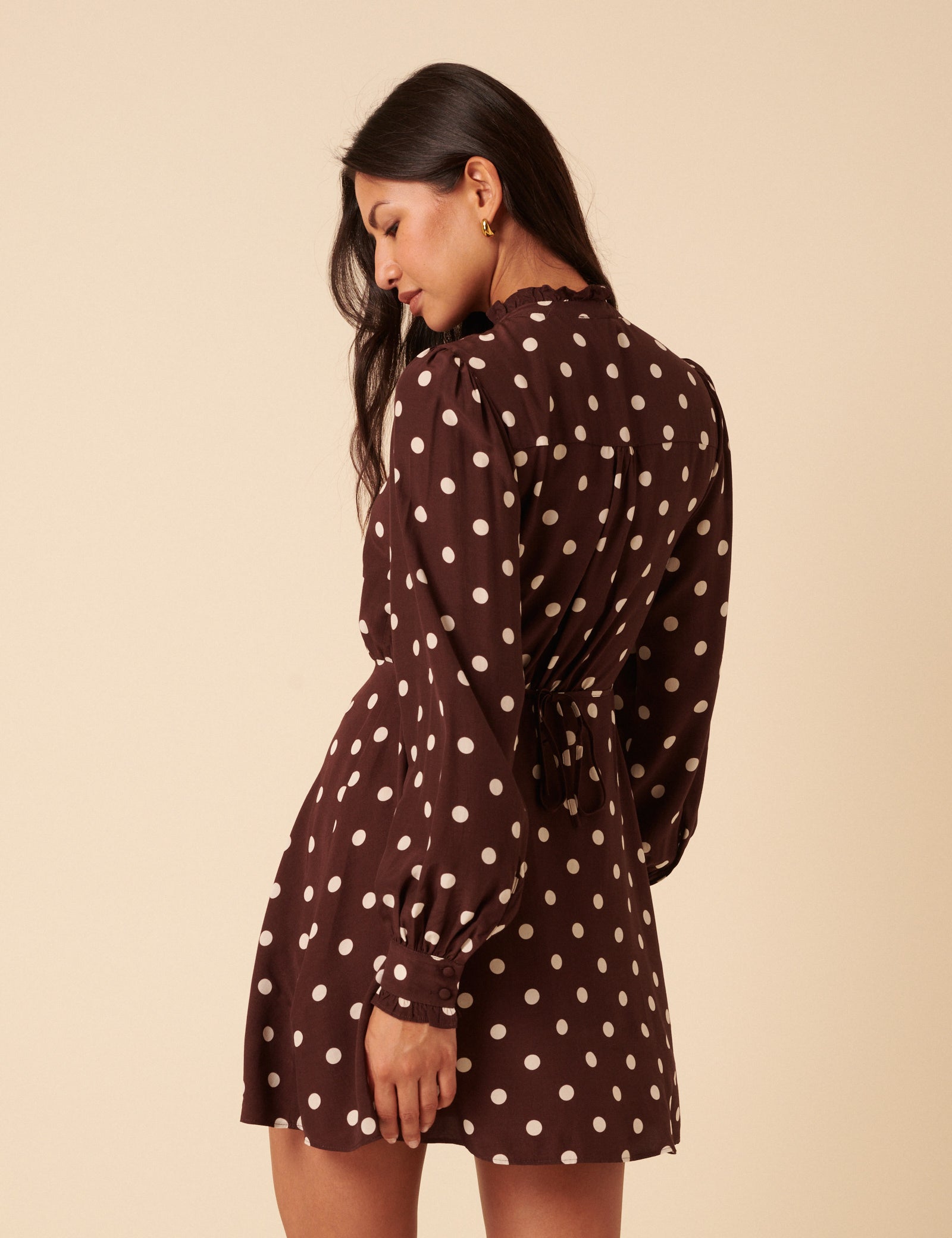 Brown Polka Dot Ruffle Gabi Mini Dress Brown Polka Dot Ruffle Gabi Mini Dress