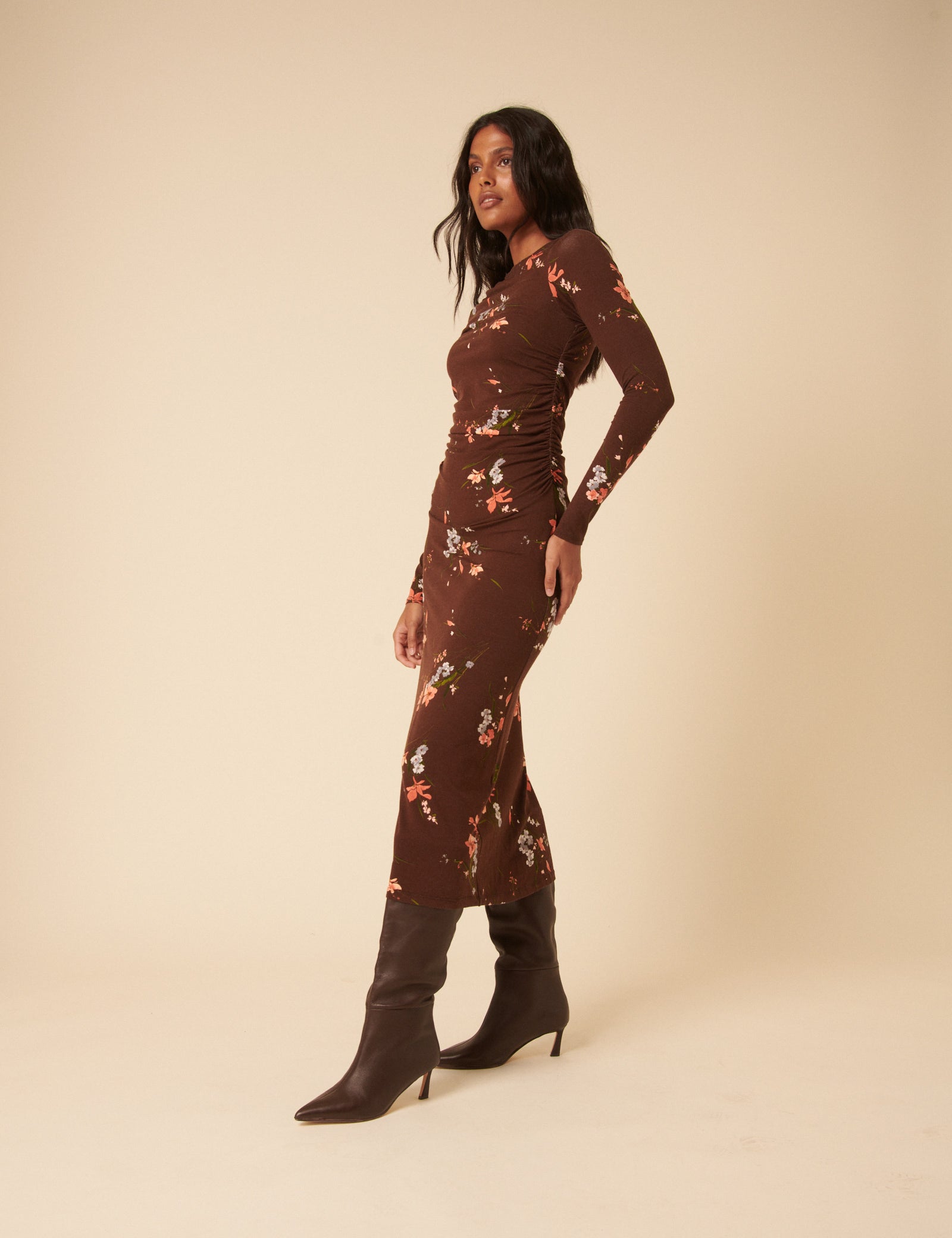 Brown Floral Jersey Draped Laurella Midi Dress Brown Floral Jersey Draped Laurella Midi Dress