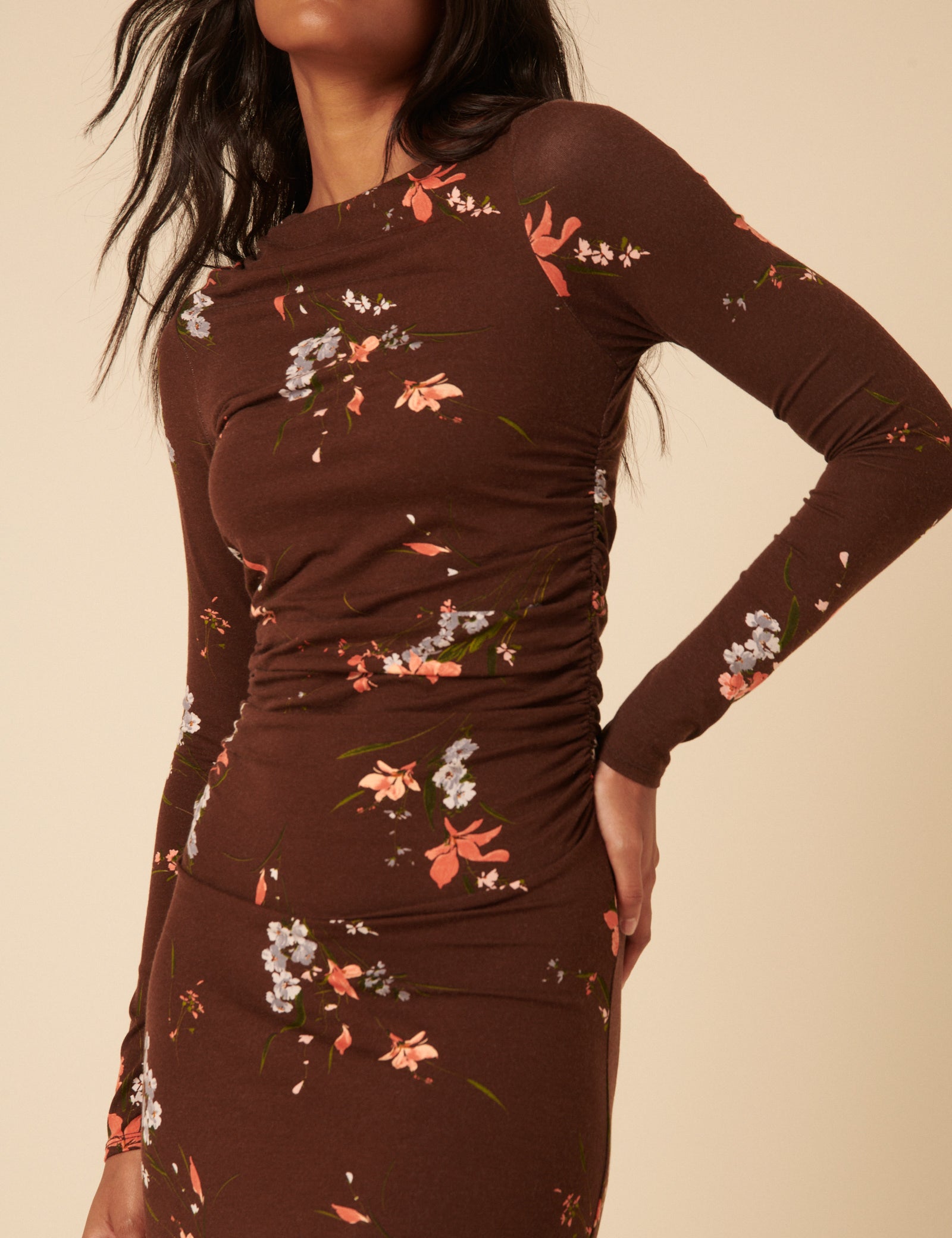 Brown Floral Jersey Draped Laurella Midi Dress Brown Floral Jersey Draped Laurella Midi Dress