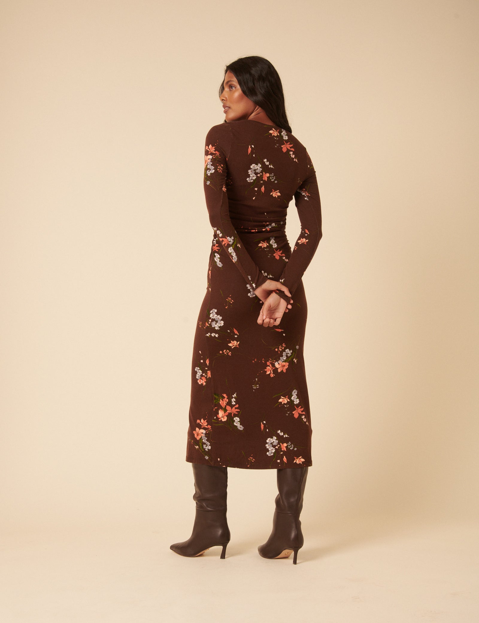 Brown Floral Jersey Draped Laurella Midi Dress Brown Floral Jersey Draped Laurella Midi Dress