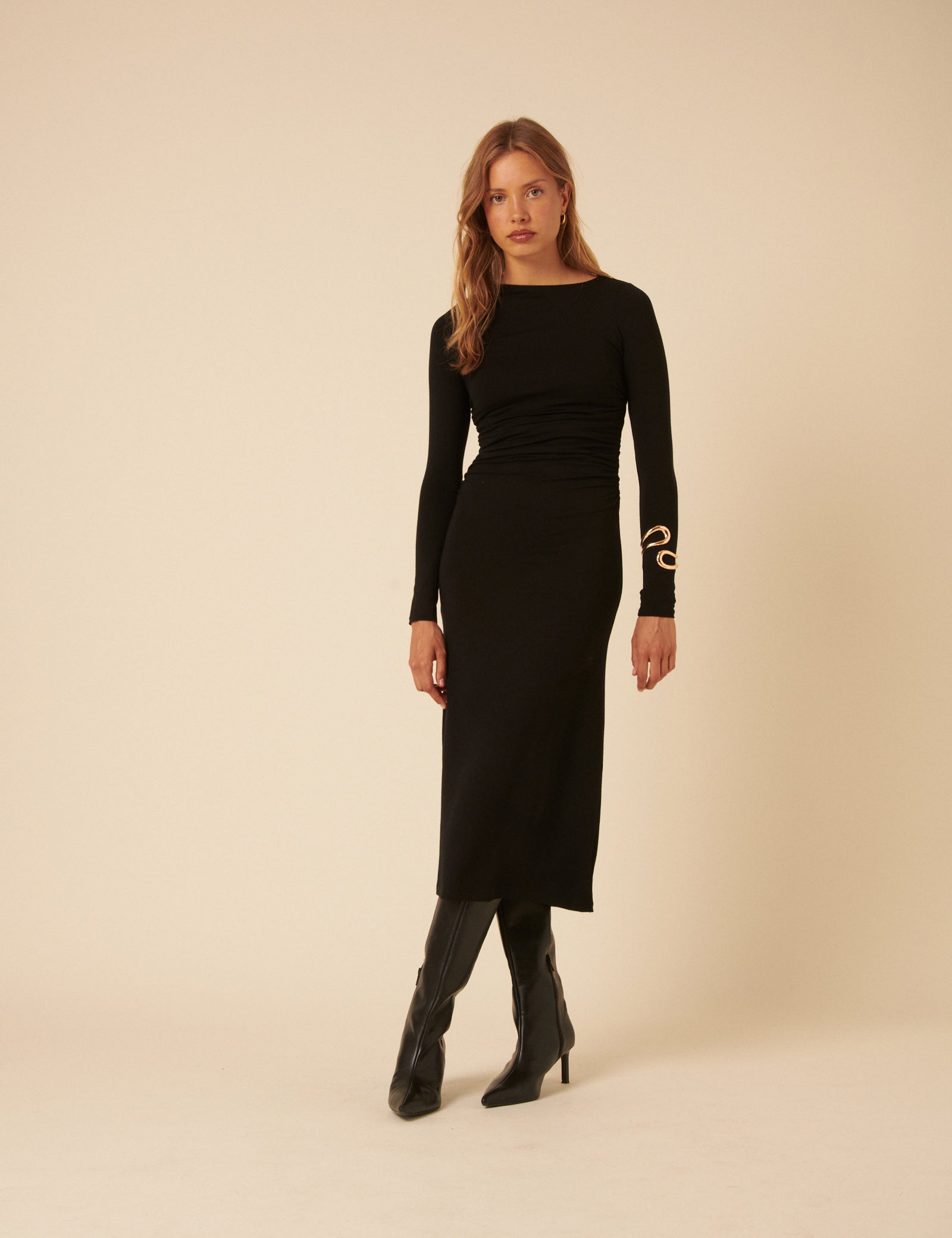 Black Jersey Draped Laurella Midi Dress