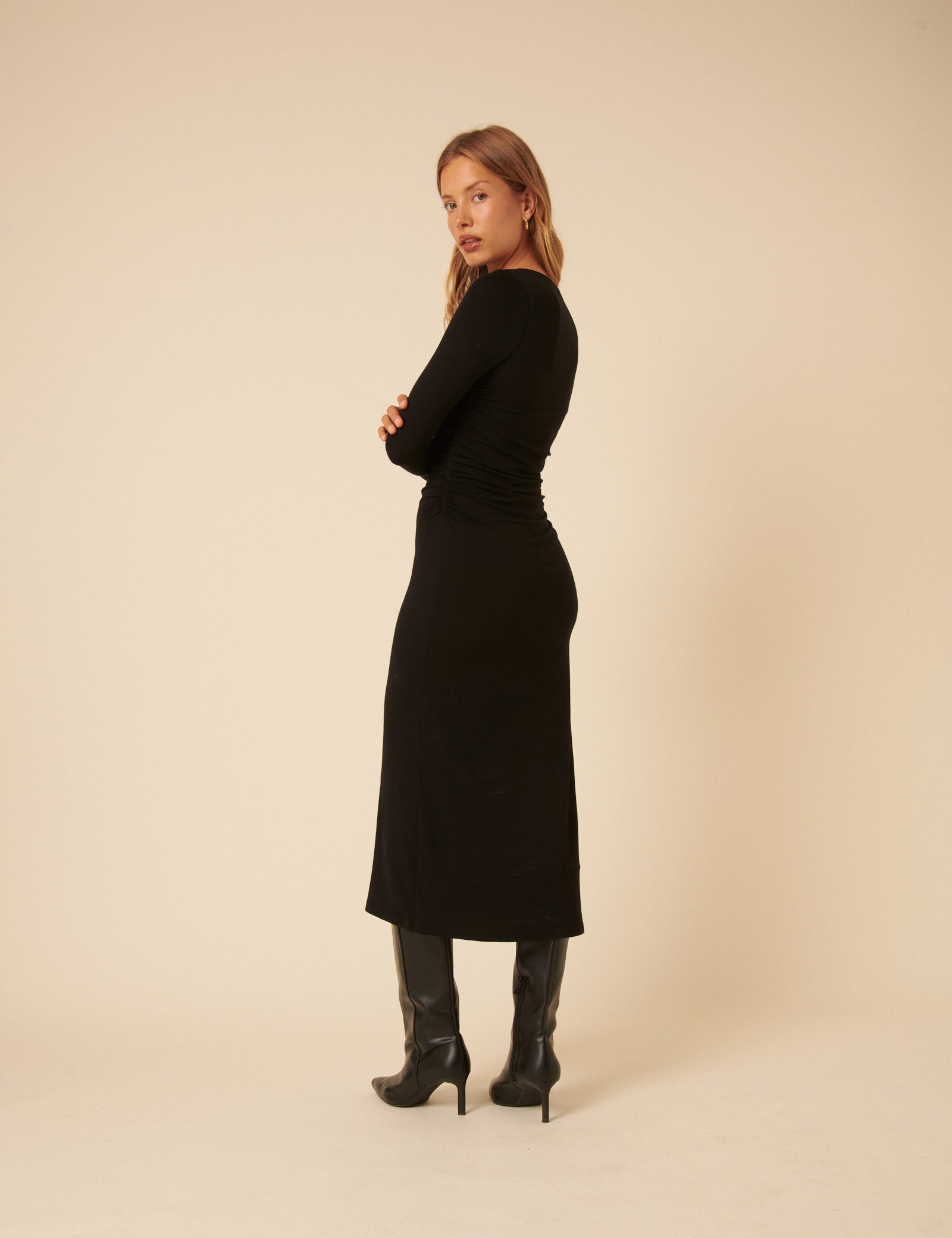 Black Jersey Draped Laurella Midi Dress Black Jersey Draped Laurella Midi Dress