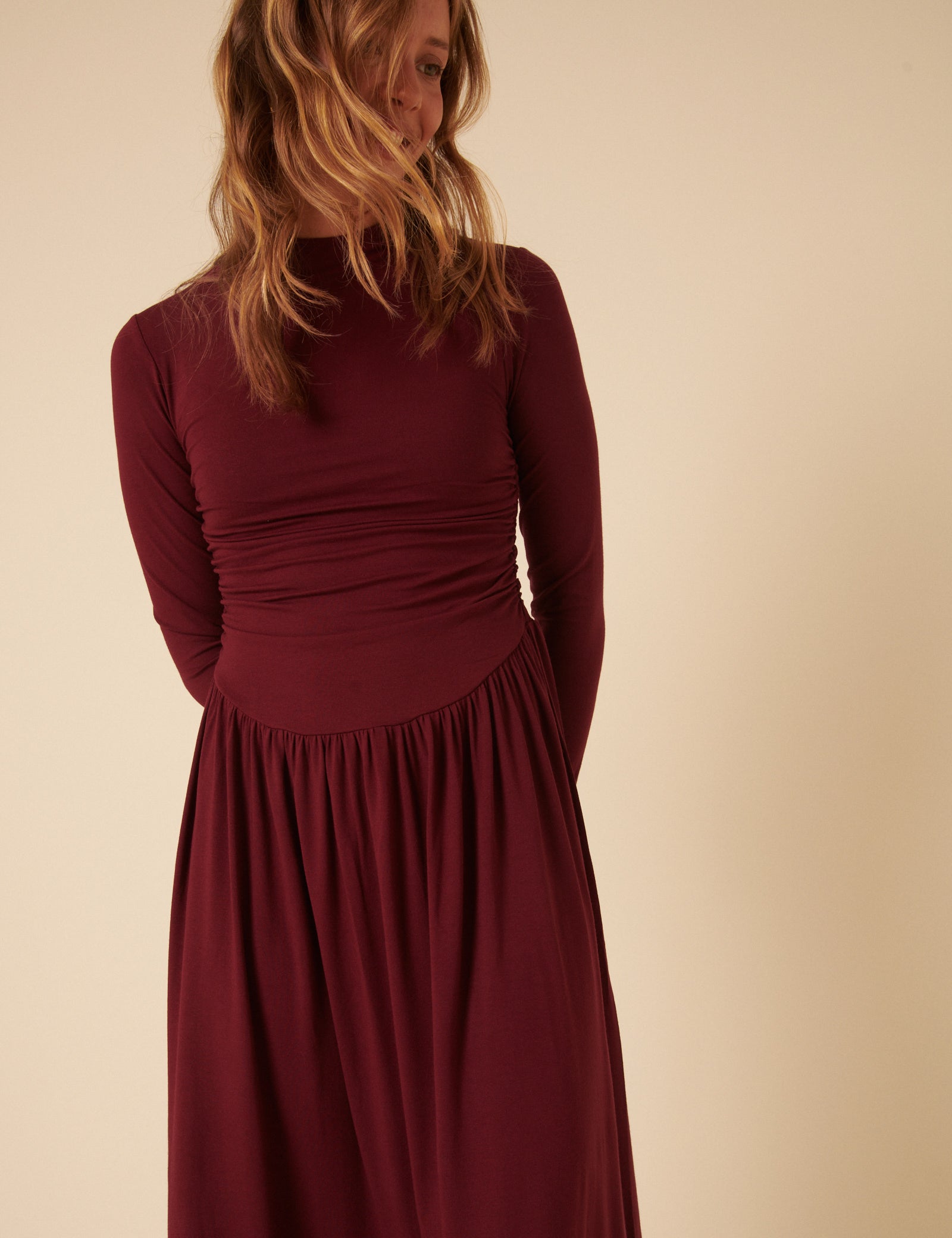 Burgundy Long Sleeve Drop Waist Aubrey Midaxi Dress