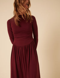 Burgundy Long Sleeve Drop Waist Aubrey Midaxi Dress