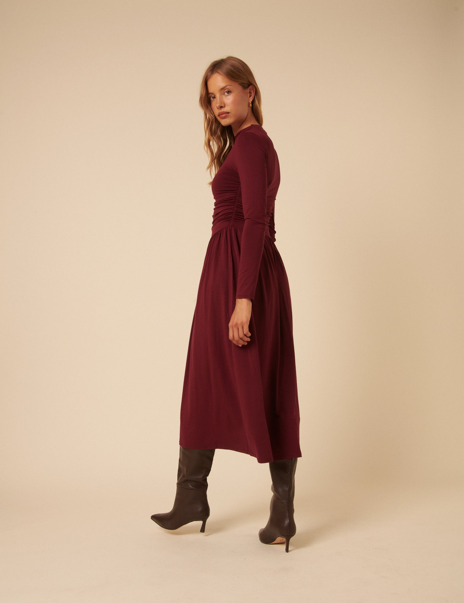 Burgundy Long Sleeve Drop Waist Aubrey Midaxi Dress