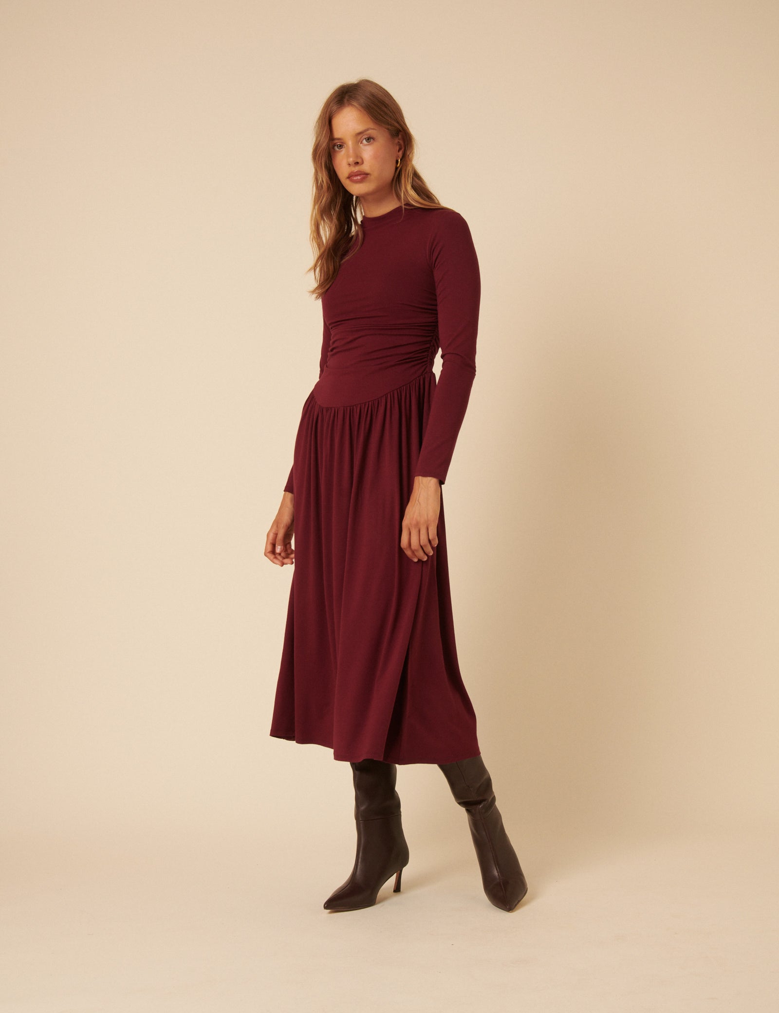 Burgundy Long Sleeve Drop Waist Aubrey Midaxi Dress Burgundy Long Sleeve Drop Waist Aubrey Midaxi Dress