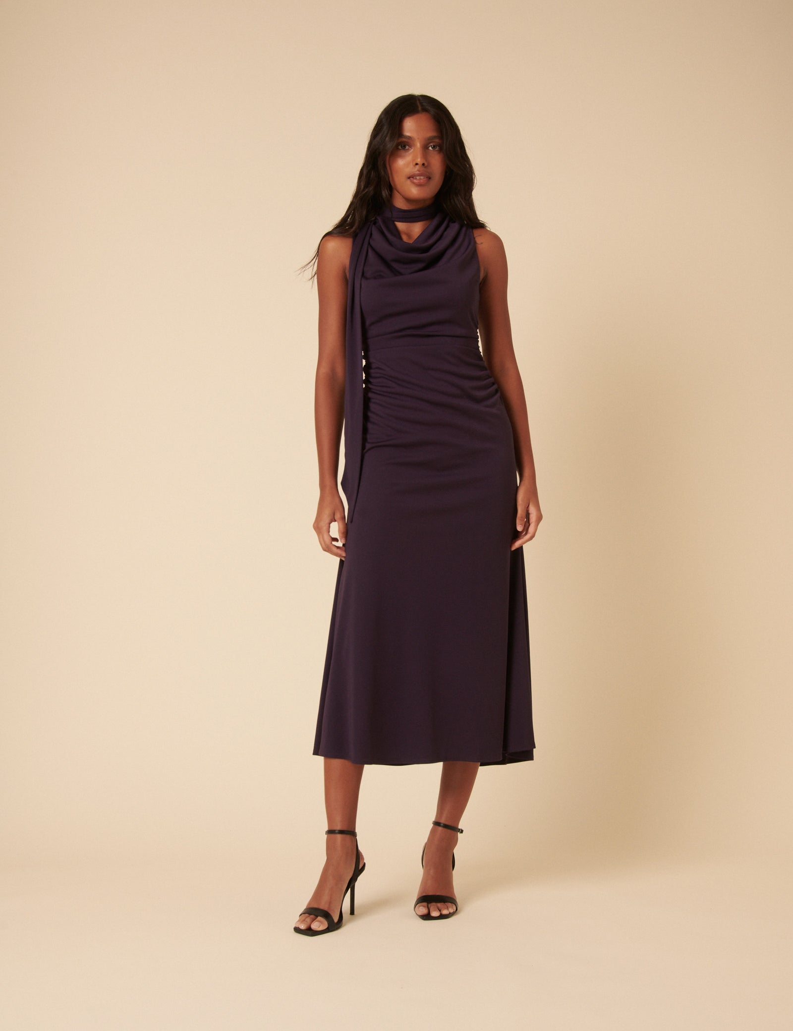 Purple Heavy Mesh Scarf Neck Detail Seren Midi Dress