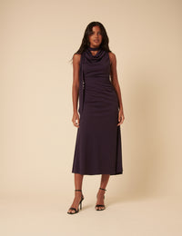 Purple Scarf Neck Detail Jersey Seren Midi Dress