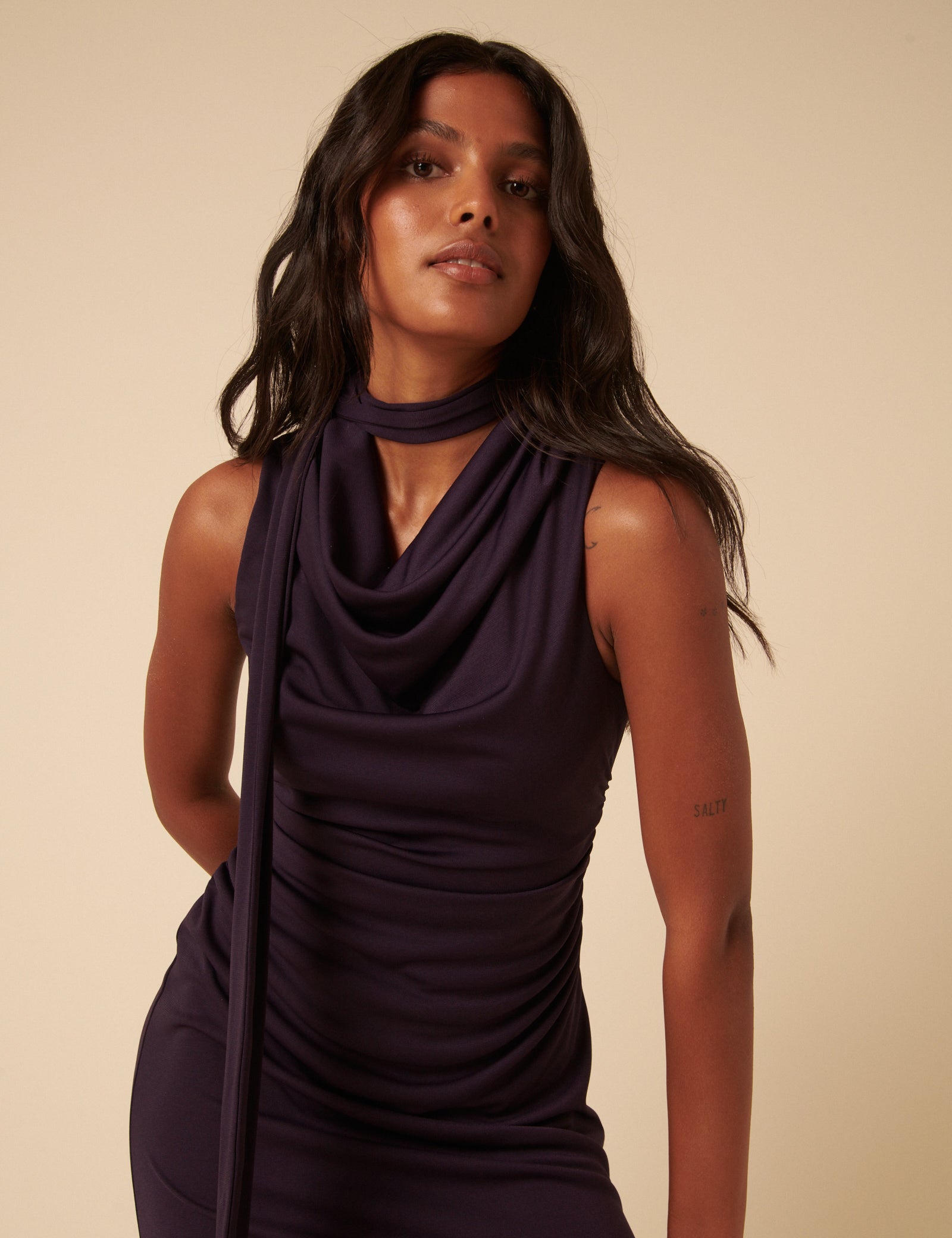 Purple Scarf Neck Detail Jersey Seren Midi Dress