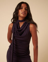 Purple Scarf Neck Detail Jersey Seren Midi Dress