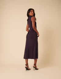 Purple Scarf Neck Detail Jersey Seren Midi Dress