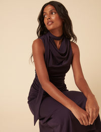 Purple Scarf Neck Detail Jersey Seren Midi Dress