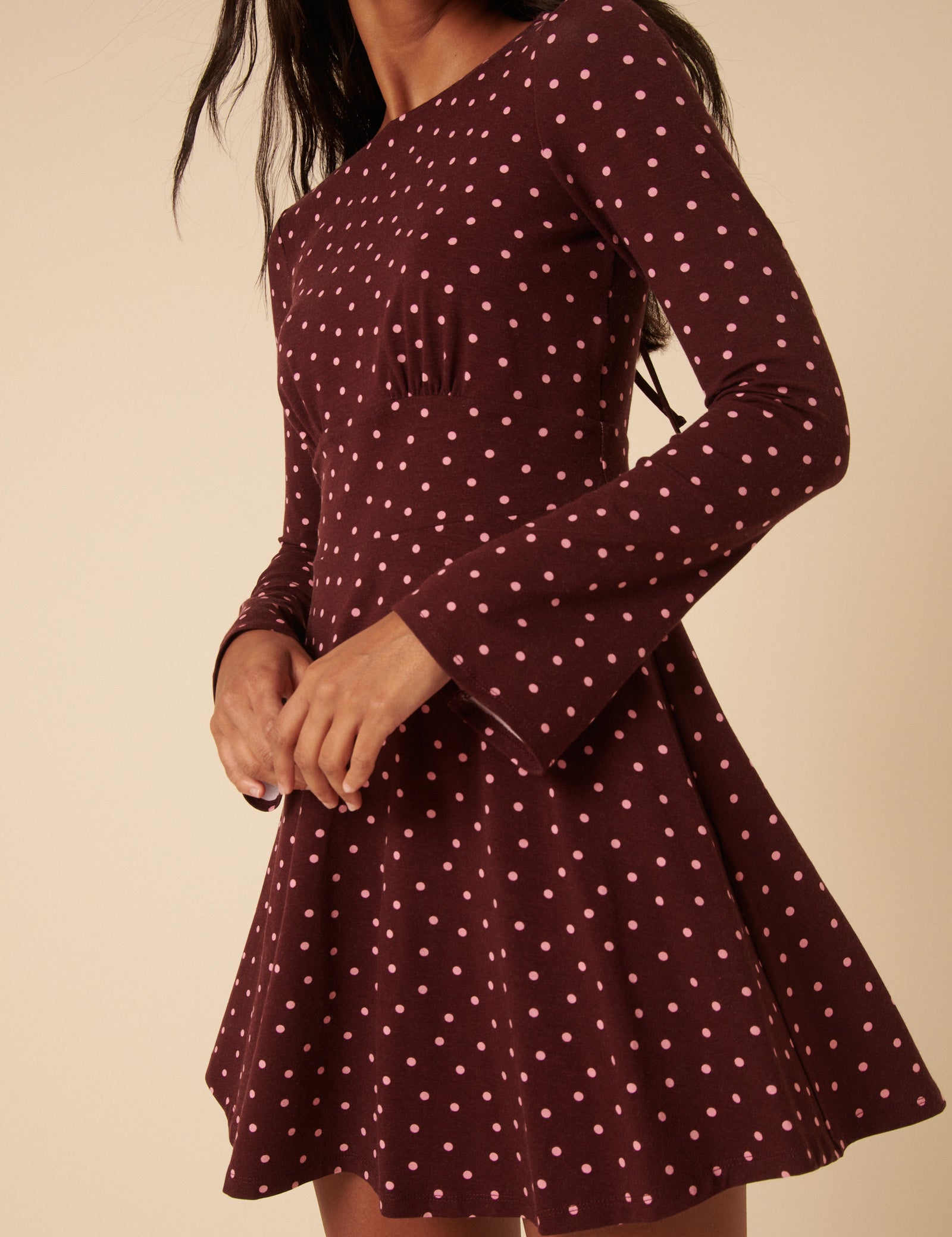 Burgundy Polka Dot Jersey Boat Neck Tate Mini Dress