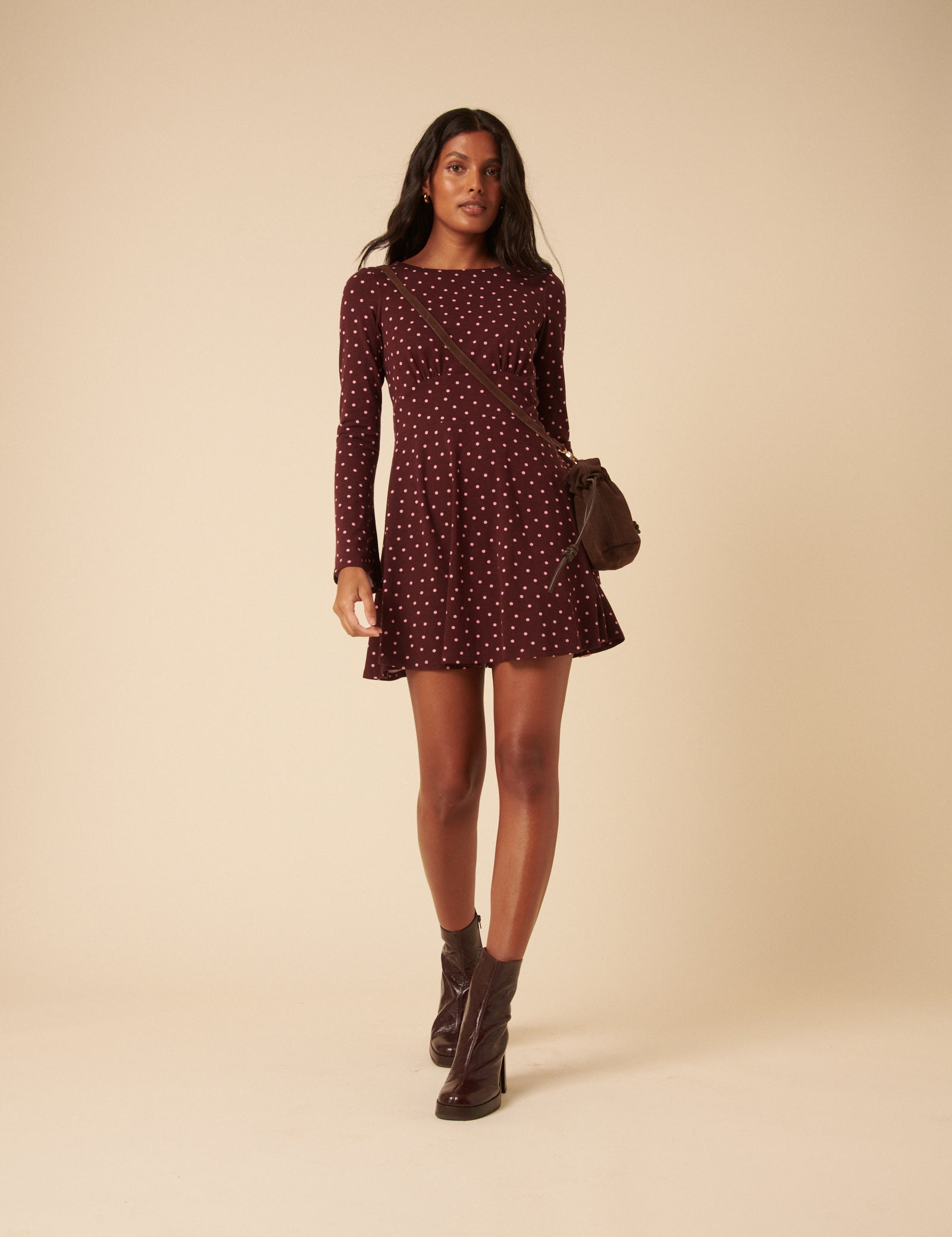 Burgundy Polka Dot Jersey Boat Neck Tate Mini Dress