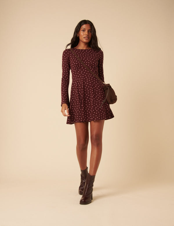 Burgundy Polka Dot Boat Neck Tate Jersey Mini Dress
