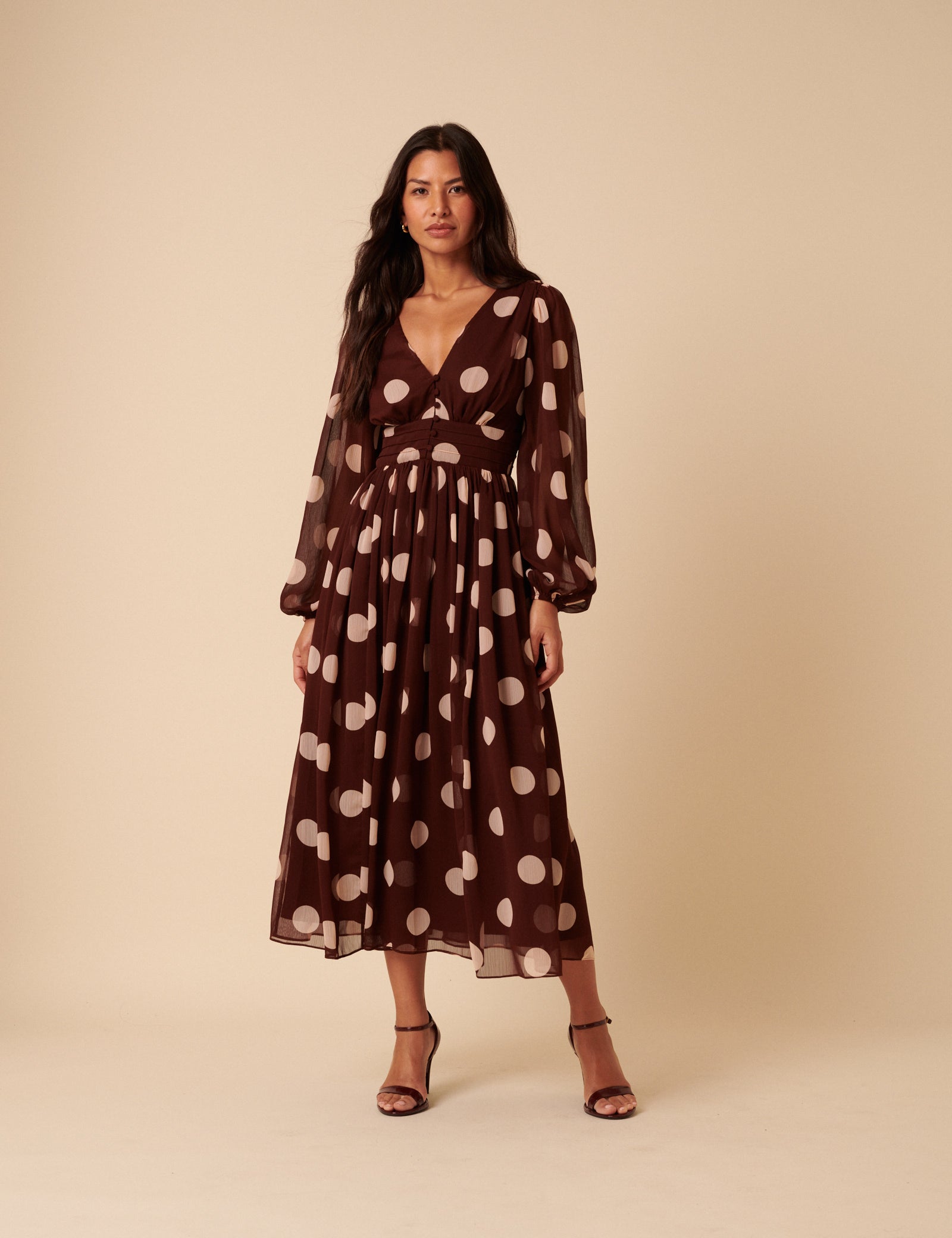 Brown Polka Dot Balloon Sleeve Anya Midi Dress Brown Polka Dot Balloon Sleeve Anya Midi Dress