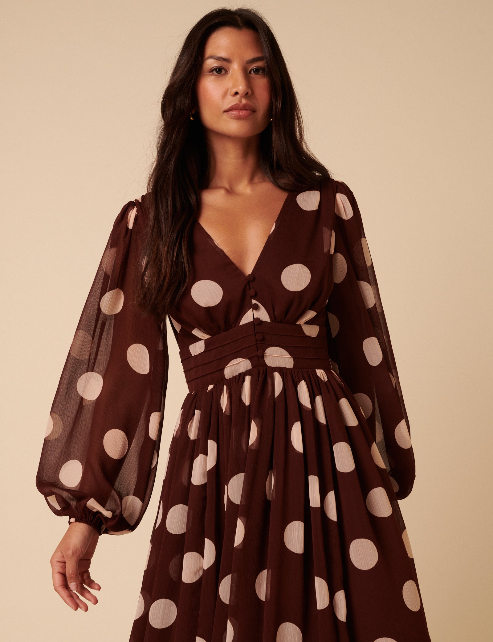 Brown Polka Dot Balloon Sleeve Anya Midi Dress Brown Polka Dot Balloon Sleeve Anya Midi Dress