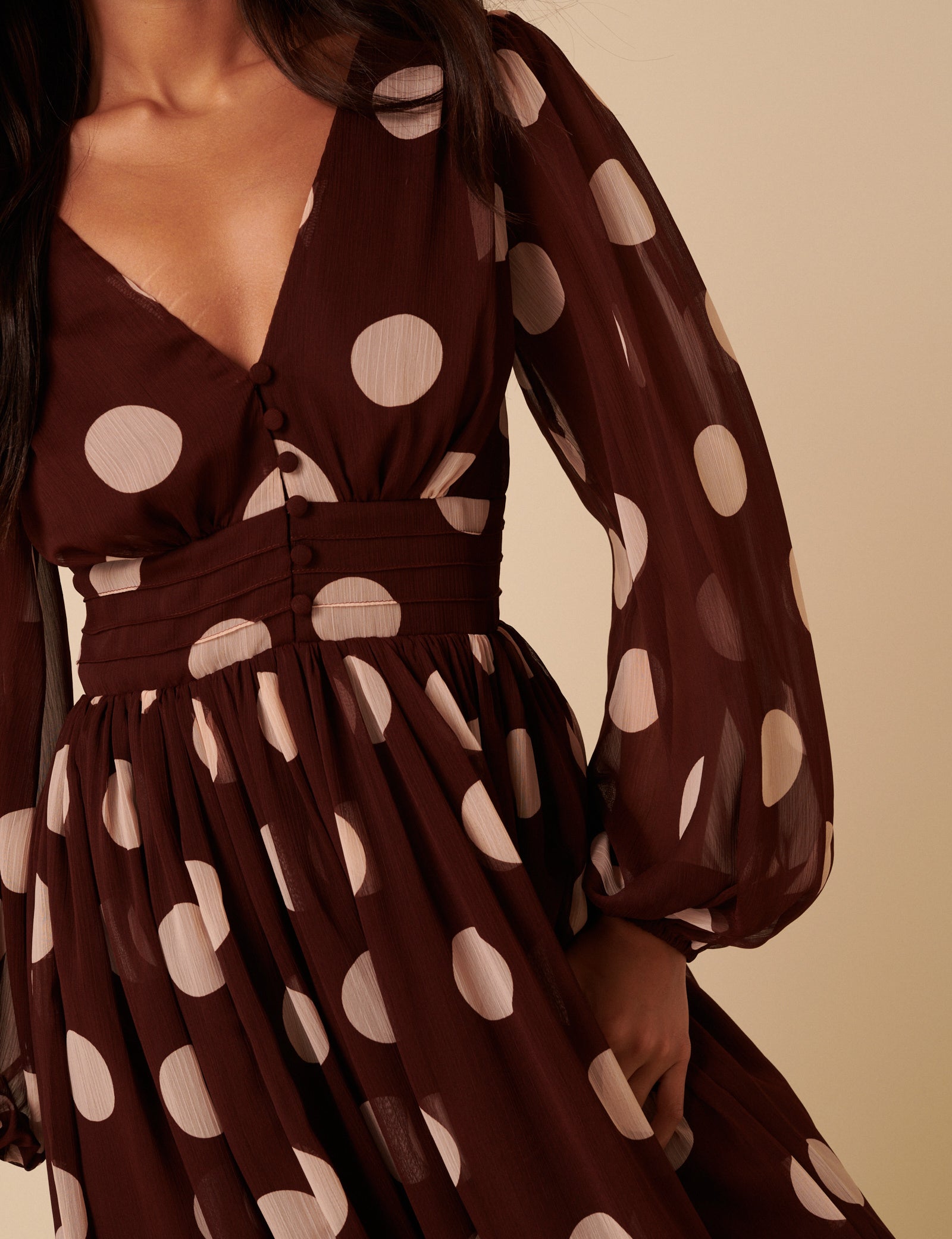 Brown Polka Dot Balloon Sleeve Anya Midi Dress