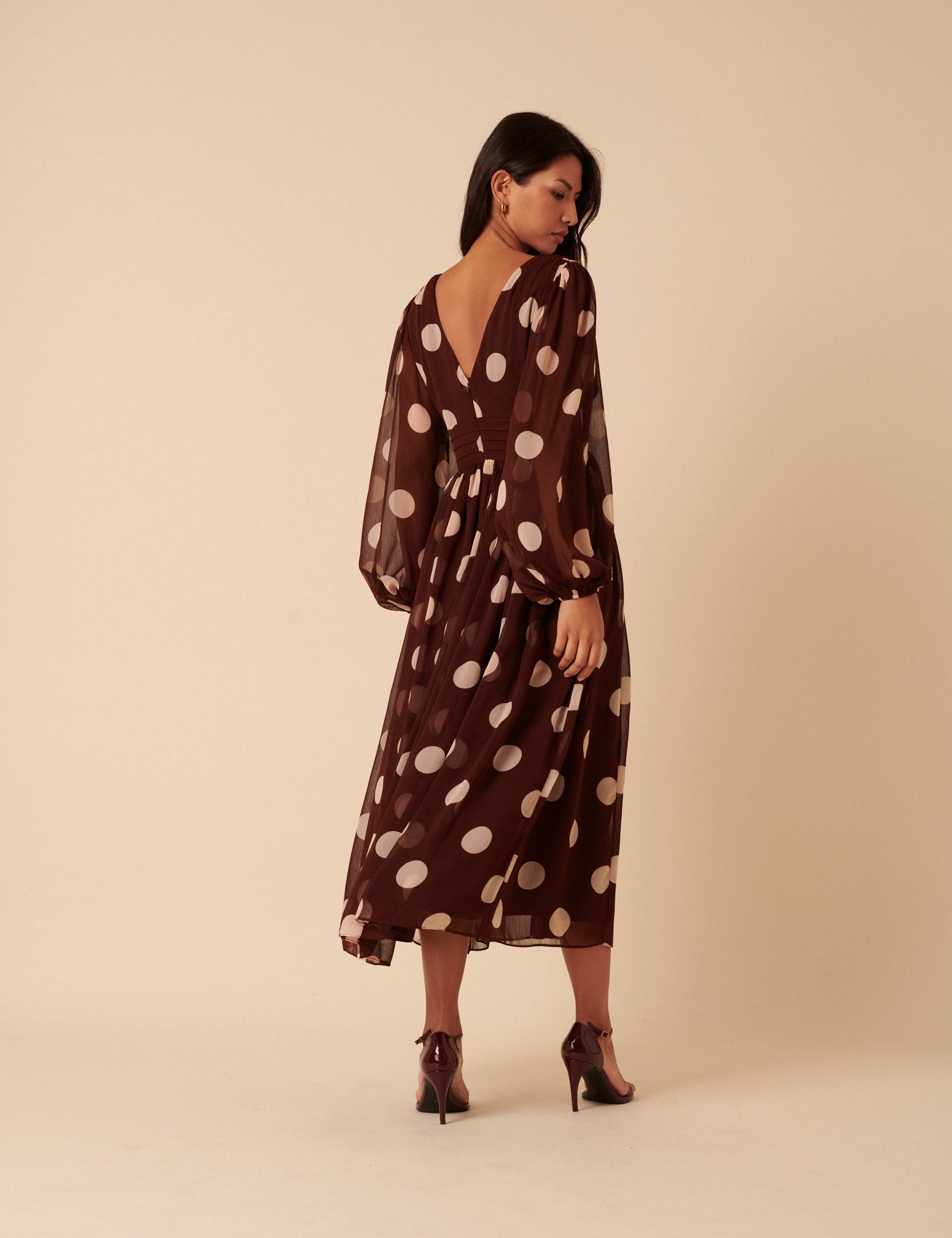 brown midi dress with sleeves Brown Polka Dot Balloon Sleeve Anya Midi Dress