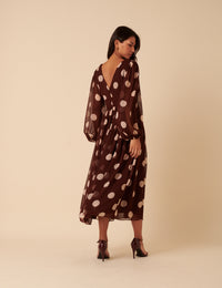 Brown Polka Dot Balloon Sleeve Anya Midi Dress