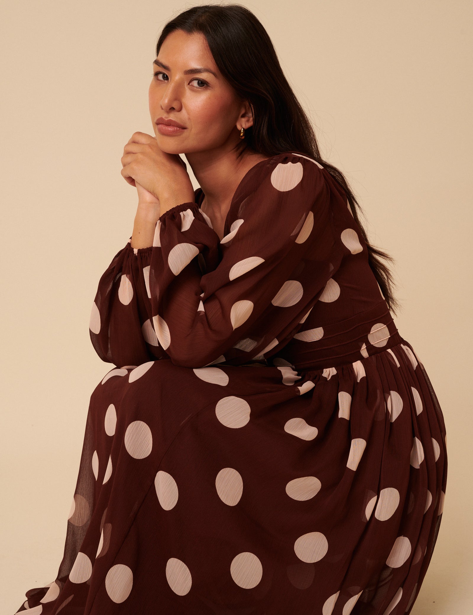 Brown Polka Dot Balloon Sleeve Anya Midi Dress Brown Polka Dot Balloon Sleeve Anya Midi Dress