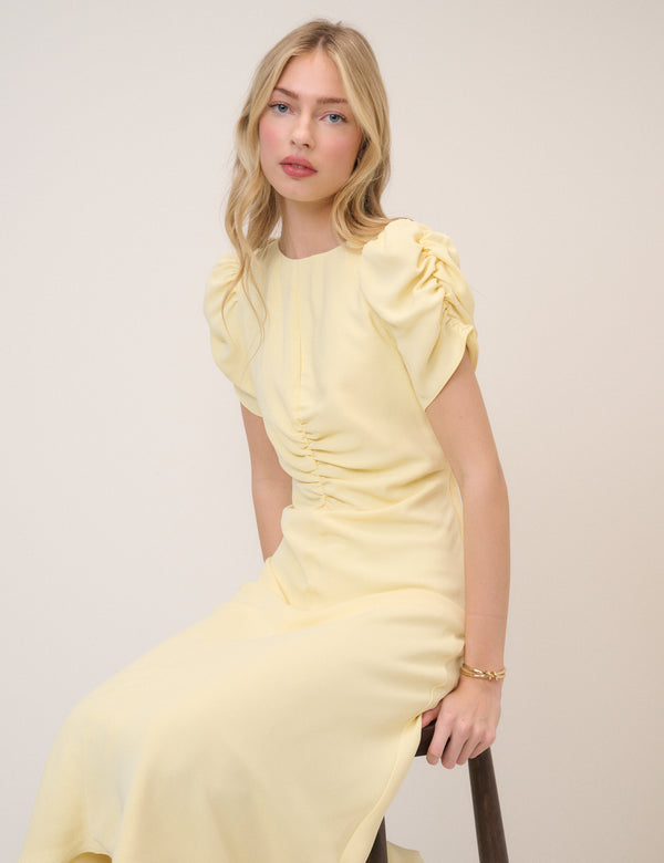 Butter Yellow Shirred Naomi Midi Dress