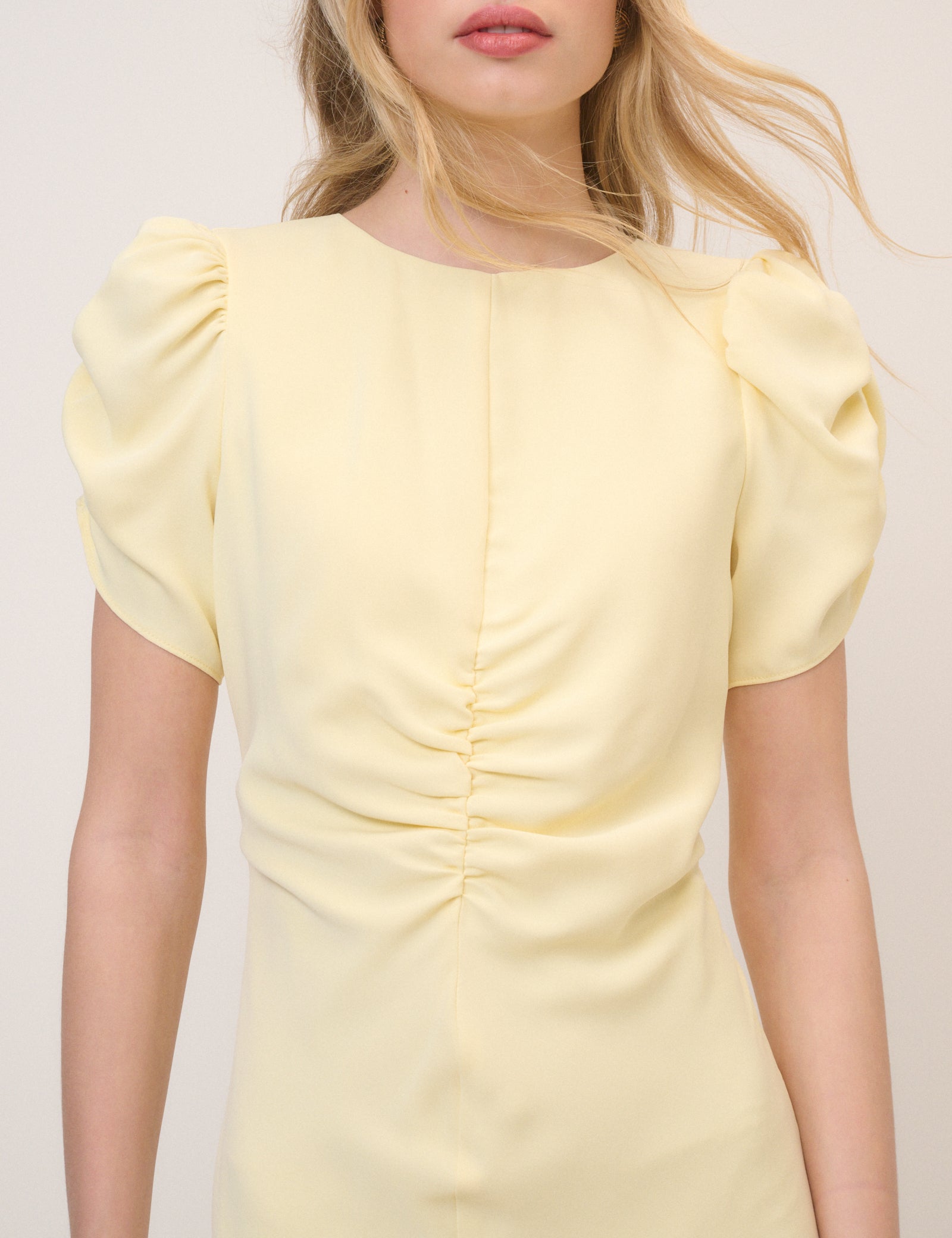 Butter Yellow Shirred Naomi Midi Dress