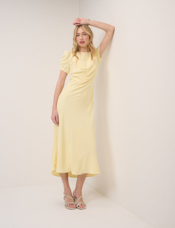 Butter Yellow Shirred Naomi Midi Dress