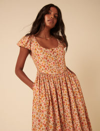 Orange Floral Puff Sleeve Cora Midi Dress