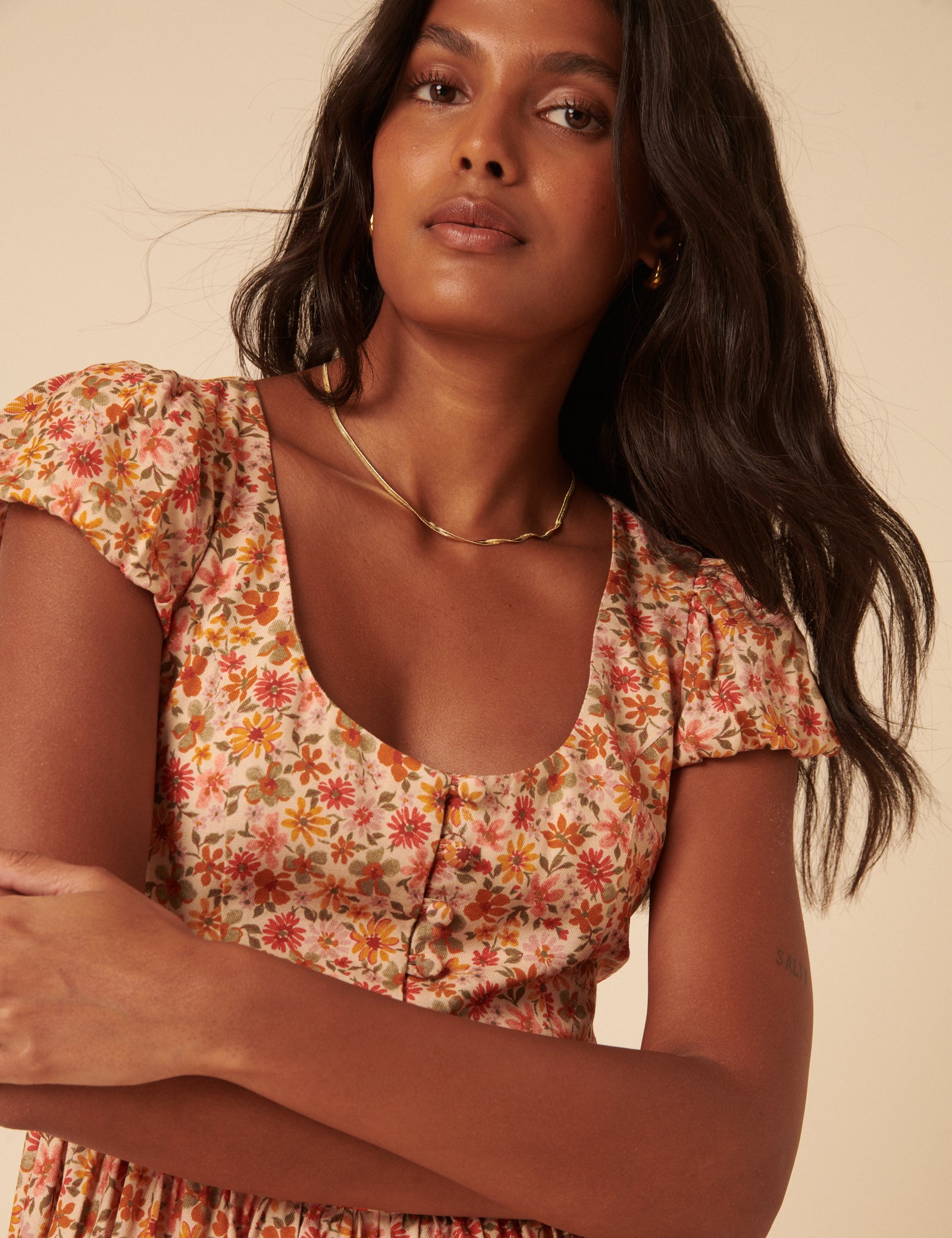 Orange Floral Puff Sleeve Cora Midi Dress