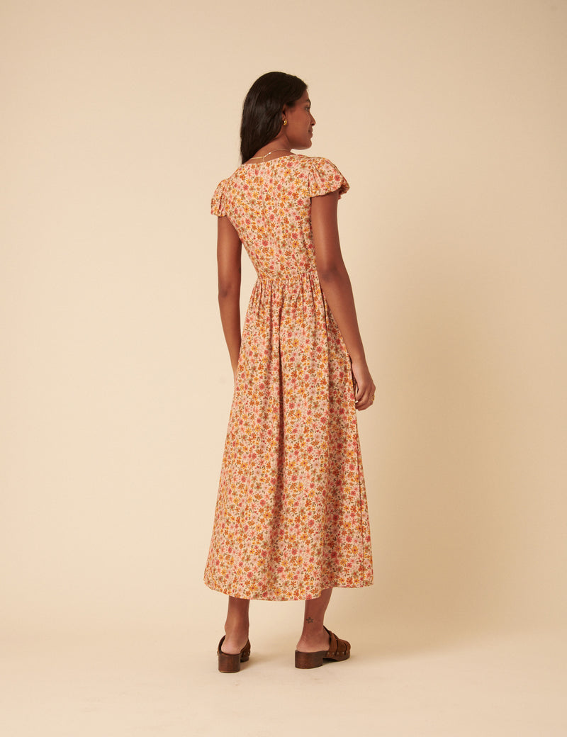 Orange Floral Puff Sleeve Cora Midi Dress