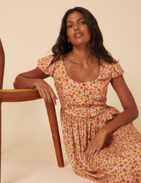 Orange Floral Puff Sleeve Cora Midi Dress