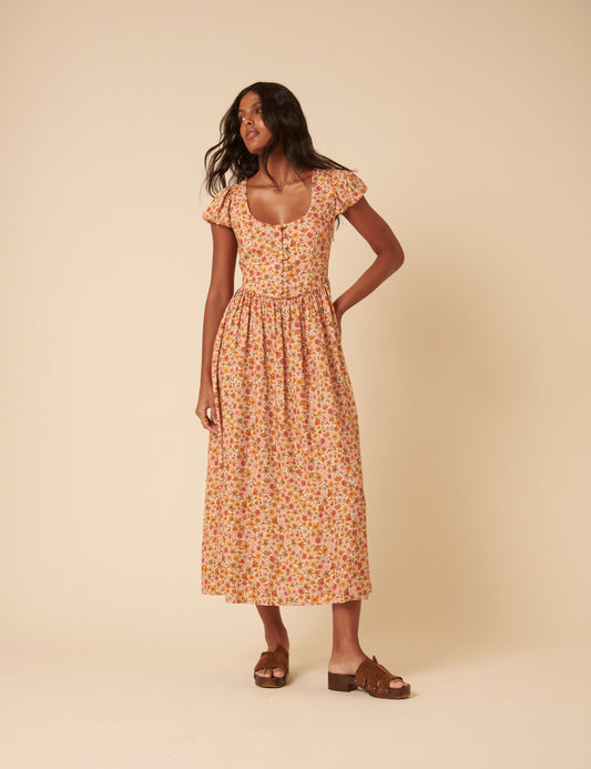 knee length dresses for ladies Orange Floral Puff Sleeve Cora Midi Dress