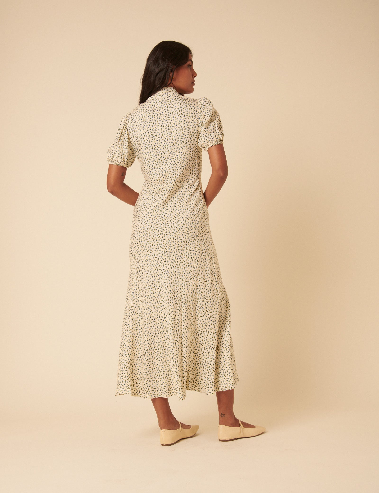 Cream Ditsy Floral Tie Neck Sadie Midi Dress Cream Ditsy Floral Tie Neck Sadie Midi Dress
