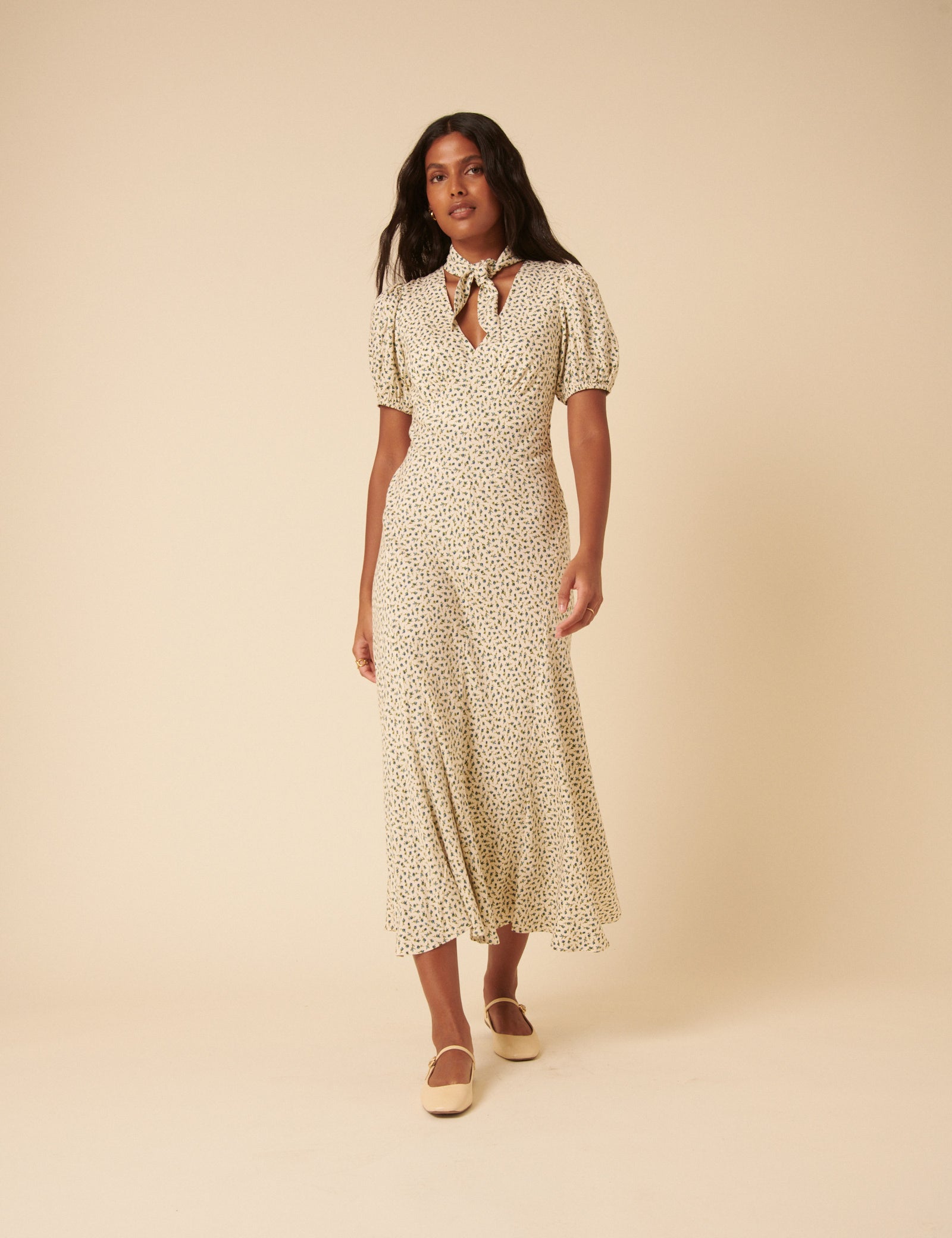 Cream Ditsy Floral Tie Neck Sadie Midi Dress Cream Ditsy Floral Tie Neck Sadie Midi Dress